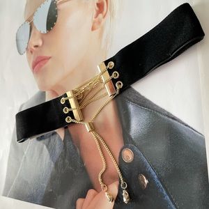 Black & Gold Suede Choker Drop Necklace New